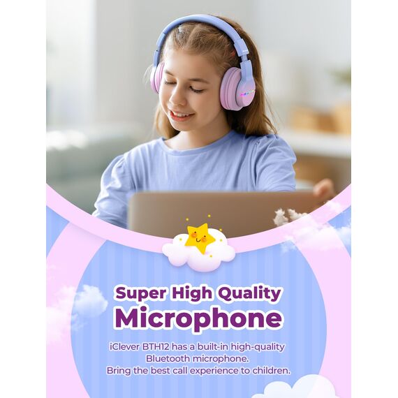 iClever Bluetooth Kinder Kopfhörer, Farbige LED-Leuchten, Kinderkopfhörer Over-Ear mit 74/85dBA Lautstärkebegrenzung, 85 Stunden Spielzeit, Bluetooth 5.2, eingebautes Mikrofon BTH12
