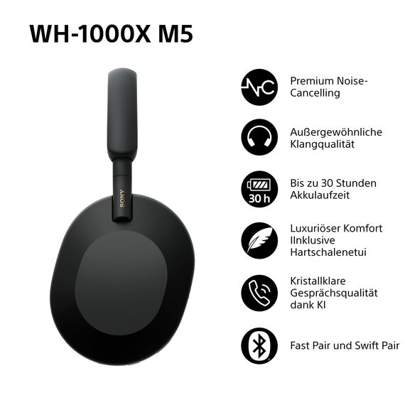 Sony WH-1000XM5 inkl. Hardcase, Kabelloser Premium-Kopfhörer mit Noise Cancelling, Bluetooth, kristallklare Anrufqualität, Hi-Res-Audio, bis zu 30 Std Akkulaufzeit, iOS & Android - Schwarz
