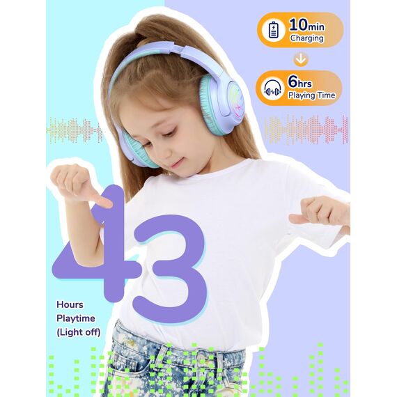 iClever Bluetooth kopfhörer Kinder mit LED-Leuchten, 74/85dBA Lautstärkebegrenzung, 43 Stunden Spielzeit, Stereo-Sound, Typ-C, AUX-Kabel, Bluetooth5.3 Kinderkopfhörer für Tablet/Reisen