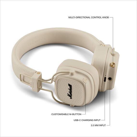 Marshall Major V Bluetooth Kopfhörer, 100 Stunden Spielzeit – Crème
