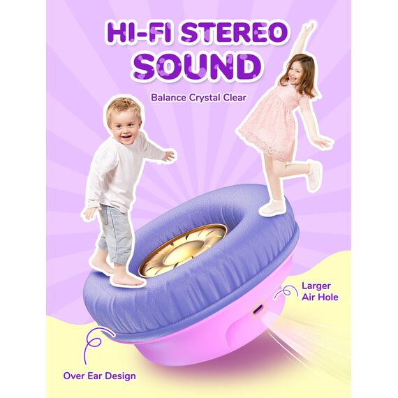 iClever Bluetooth Kopfhörer Kinder mit LED-Leuchten, 74/85dBA Lautstärkebegrenzung, 43 Stunden Spielzeit, Stereo-Sound, Typ-C, AUX-Kabel, Bluetooth5.3 Kinderkopfhörer für Tablet/Reisen Rosa lila
