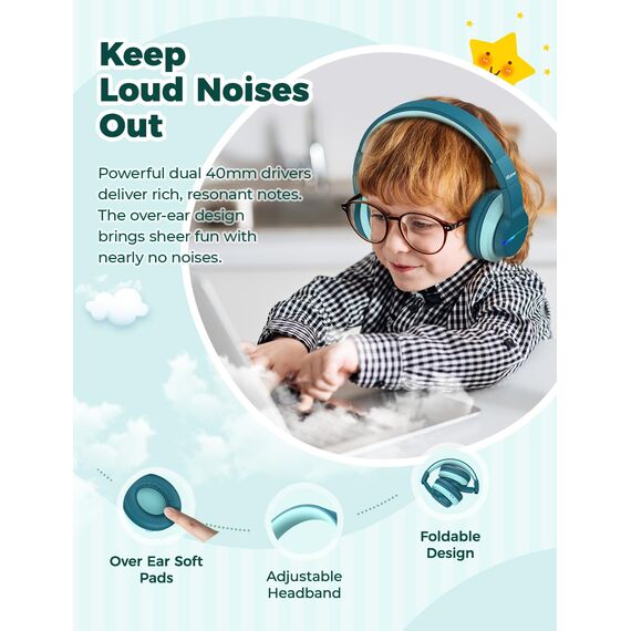 iClever Bluetooth Kinder Kopfhörer, Farbige LED-Leuchten, Kinderkopfhörer Over-Ear mit 74/85dBA Lautstärkebegrenzung, 85 Stunden Spielzeit, Bluetooth 5.2, eingebautes Mikrofon BTH12
