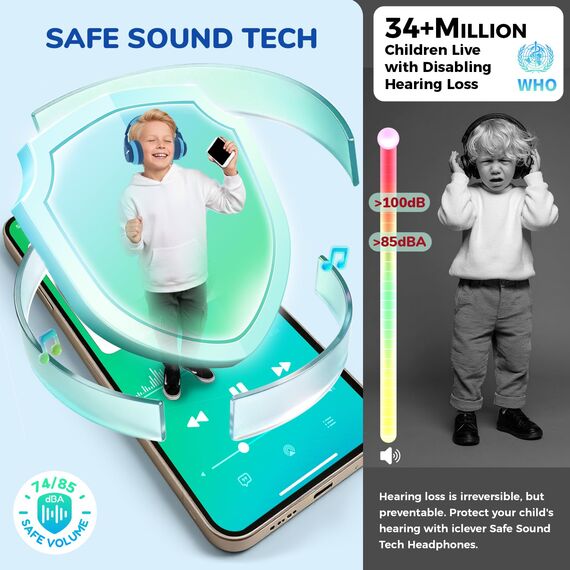iClever Bluetooth Kinder Kopfhörer, Farbige LED-Leuchten, Kinderkopfhörer Over-Ear mit 74/85dBA Lautstärkebegrenzung, 85 Stunden Spielzeit, Bluetooth 5.2, Eingebautes Mikrofon Blau