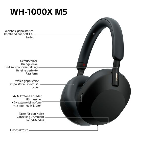 Sony WH-1000XM5 inkl. Hardcase, Kabelloser Premium-Kopfhörer mit Noise Cancelling, Bluetooth, kristallklare Anrufqualität, Hi-Res-Audio, bis zu 30 Std Akkulaufzeit, iOS & Android - Schwarz
