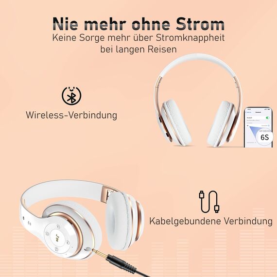 Lankey Sound Kopfhörer Kabellos mit 6 EQ Modi, Kopfhörer Bluetooth, 65 Std Over Ear Kopfhörer Bluetooth mit Eingebautem HD-Mikrofon, FM, SD/TF für Outdoor, Transport, Reisen, Studium