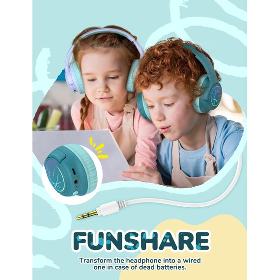 iClever Bluetooth kopfhörer Kinder mit LED-Leuchten, 74/85dBA Lautstärkebegrenzung, 43 Stunden Spielzeit, Stereo-Sound, Typ-C, AUX-Kabel, Bluetooth5.3 Kinderkopfhörer für Tablet/Reisen