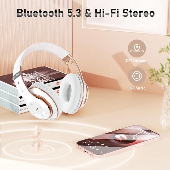 Lankey Sound Kopfhörer Kabellos mit 6 EQ Modi, Kopfhörer Bluetooth, 65 Std Over Ear Kopfhörer Bluetooth mit Eingebautem HD-Mikrofon, FM, SD/TF für Outdoor, Transport, Reisen, Studium