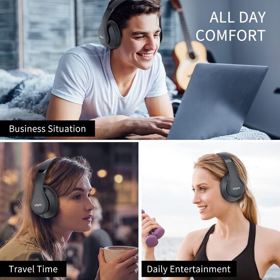 Uliptz Bluetooth Kopfhörer Over Ear, 65 Stunden Spielzeit Kopfhörer Kabellos mit 6 EQ-Modi, HiFi-Stereo Faltbares Bluetooth 6.0 Wireless Headphones für Reisen/Büro/Handy/PC (Schwarz)