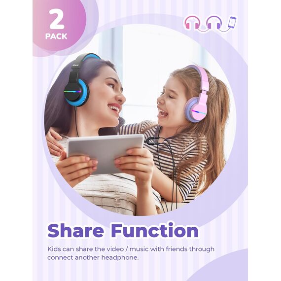 iClever Bluetooth Kinder Kopfhörer 2pack, Farbige LED-Leuchten, Kinderkopfhörer Over-Ear mit 74/85dBA Lautstärkebegrenzung, 85 Stunden Spielzeit, Bluetooth 5.2, eingebautes Mikrofon