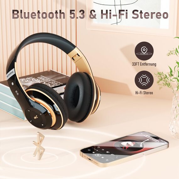 Lankey Sound Kopfhörer Kabellos mit 6 EQ Modi, Kopfhörer Bluetooth, 65 Std Over Ear Kopfhörer Bluetooth mit Eingebautem HD-Mikrofon, FM, SD/TF für Outdoor, Transport, Reisen, Studium