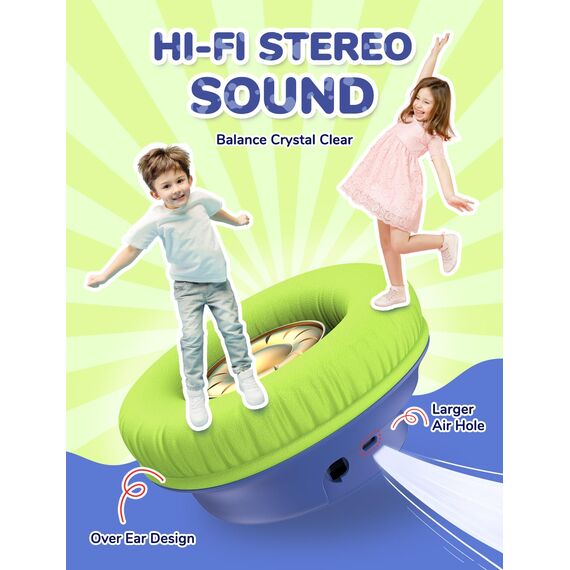 iClever Bluetooth kopfhörer Kinder mit LED-Leuchten, 74/85dBA Lautstärkebegrenzung, 43 Stunden Spielzeit, Stereo-Sound, Typ-C, AUX-Kabel, Bluetooth5.3 Kinderkopfhörer für Tablet/Reisen Blau Grün