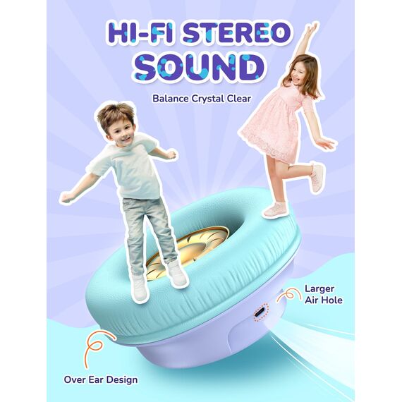iClever Bluetooth kopfhörer Kinder mit LED-Leuchten, 74/85dBA Lautstärkebegrenzung, 43 Stunden Spielzeit, Stereo-Sound, Typ-C, AUX-Kabel, Bluetooth5.3 Kinderkopfhörer für Tablet/Reisen