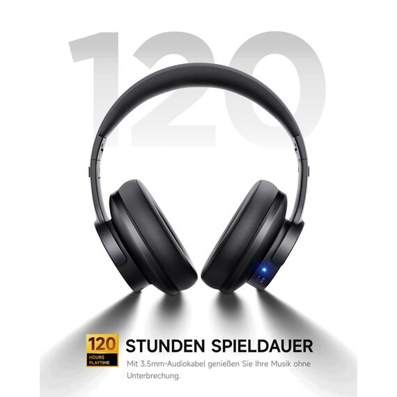 Picun B8 Bluetooth-Kopfhörer, 120 Stunden Wiedergabezeit, kabellose Bluetooth-Kopfhörer mit 3 EQ-Modi, niedriger Latenz, Freisprechfunktion, Over-Ear-Kopfhörer für Reisen, Schwarz