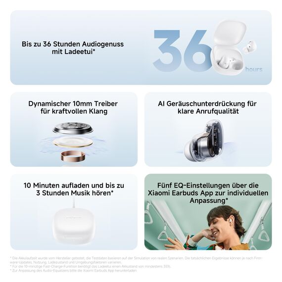 Redmi Buds 6 Play - In-Ear Kopfhörer, 36h Akkulaufzeit, 10mm Dynamik-Treiber mit 4 EQ-Einstellungen, AI-Geräuschunterdrückung für Anrufe, Bluetooth 5.4, Schnellladen für 3h Musik in 10 Minuten, Black