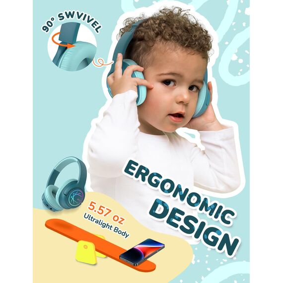 iClever Bluetooth kopfhörer Kinder mit LED-Leuchten, 74/85dBA Lautstärkebegrenzung, 43 Stunden Spielzeit, Stereo-Sound, Typ-C, AUX-Kabel, Bluetooth5.3 Kinderkopfhörer für Tablet/Reisen