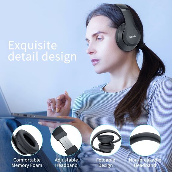 Uliptz Bluetooth Kopfhörer Over Ear, 65 Stunden Spielzeit Kopfhörer Kabellos mit 6 EQ-Modi, HiFi-Stereo Faltbares Bluetooth 6.0 Wireless Headphones für Reisen/Büro/Handy/PC (Schwarz)