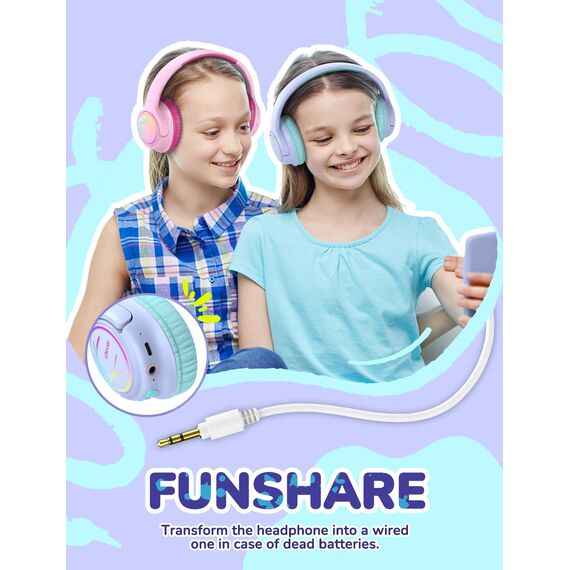 iClever Bluetooth kopfhörer Kinder mit LED-Leuchten, 74/85dBA Lautstärkebegrenzung, 43 Stunden Spielzeit, Stereo-Sound, Typ-C, AUX-Kabel, Bluetooth5.3 Kinderkopfhörer für Tablet/Reisen