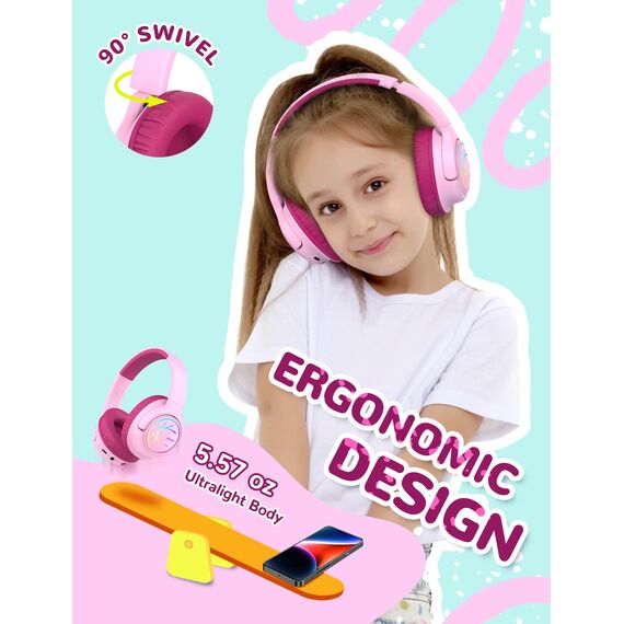 iClever Bluetooth Kopfhörer Kinder mit LED-Leuchten, 74/85dBA Lautstärkebegrenzung, 43 Stunden Spielzeit, Stereo-Sound, Typ-C, AUX-Kabel, Bluetooth5.3 Kinderkopfhörer für Tablet/Reisen