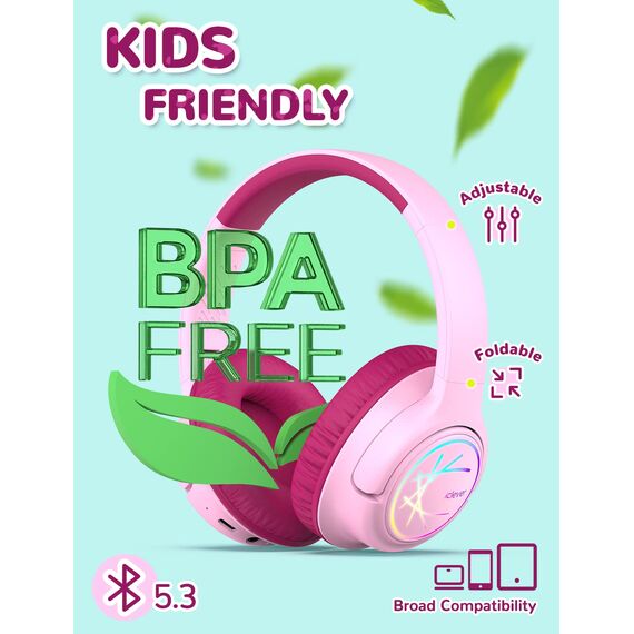 iClever Bluetooth Kopfhörer Kinder mit LED-Leuchten, 74/85dBA Lautstärkebegrenzung, 43 Stunden Spielzeit, Stereo-Sound, Typ-C, AUX-Kabel, Bluetooth5.3 Kinderkopfhörer für Tablet/Reisen