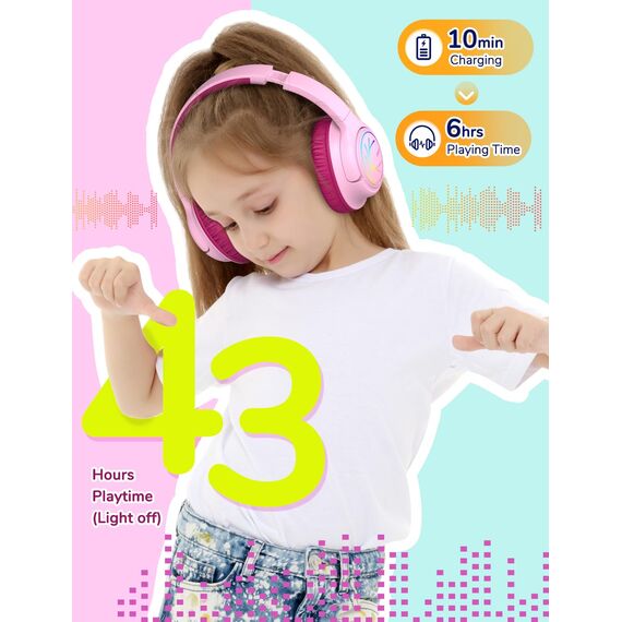iClever Bluetooth Kopfhörer Kinder mit LED-Leuchten, 74/85dBA Lautstärkebegrenzung, 43 Stunden Spielzeit, Stereo-Sound, Typ-C, AUX-Kabel, Bluetooth5.3 Kinderkopfhörer für Tablet/Reisen