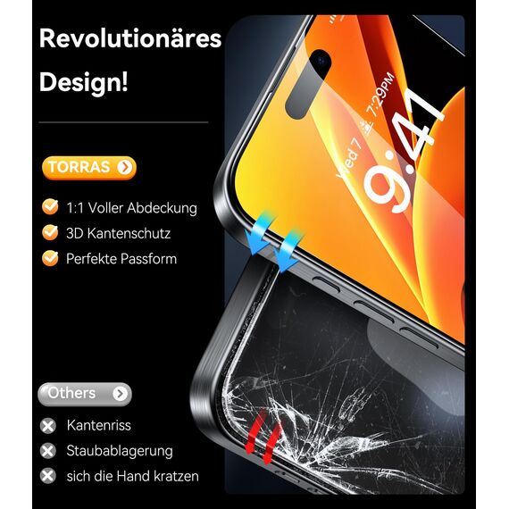 TORRAS Full Screen für iPhone 15 Pro für Panzerglas TOP Bruchsicherheit Schutzglas iPhone 15 Pro Schutzfolie 9H+ Folie [Auto-Installation] Anti-Fingerabdruck, 2 Stück