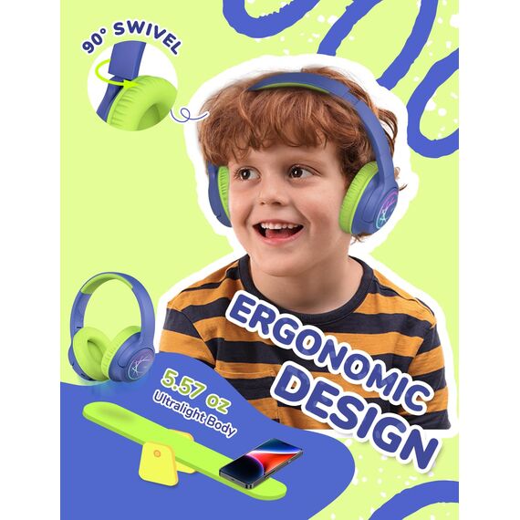 iClever Bluetooth kopfhörer Kinder mit LED-Leuchten, 74/85dBA Lautstärkebegrenzung, 43 Stunden Spielzeit, Stereo-Sound, Typ-C, AUX-Kabel, Bluetooth5.3 Kinderkopfhörer für Tablet/Reisen Blau Grün