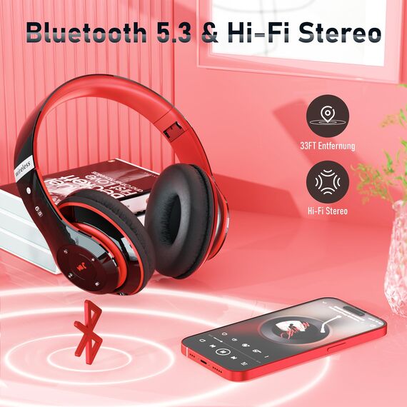 Lankey Sound Kabellose Kopfhörer mit 6 EQ Modi, Kopfhörer Over Ear, 65 Std Kopfhörer Kabellos Bluetooth Over Ear mit Eingebautem HD-Mikrofon, FM, SD/TF für Outdoor, Transport, Reisen, Studium