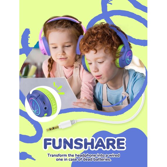 iClever Bluetooth kopfhörer Kinder mit LED-Leuchten, 74/85dBA Lautstärkebegrenzung, 43 Stunden Spielzeit, Stereo-Sound, Typ-C, AUX-Kabel, Bluetooth5.3 Kinderkopfhörer für Tablet/Reisen Blau Grün