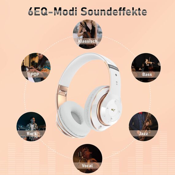 Lankey Sound Kopfhörer Kabellos mit 6 EQ Modi, Kopfhörer Bluetooth, 65 Std Over Ear Kopfhörer Bluetooth mit Eingebautem HD-Mikrofon, FM, SD/TF für Outdoor, Transport, Reisen, Studium