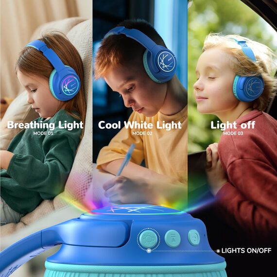 iClever Bluetooth Kopfhörer Kinder mit LED-Leuchten, 74/85dBA Lautstärkebegrenzung, 43 Stunden Spielzeit, Stereo-Sound, Typ-C, AUX-Kabel, Bluetooth5.3 Kinderkopfhörer für Tablet/Reisen