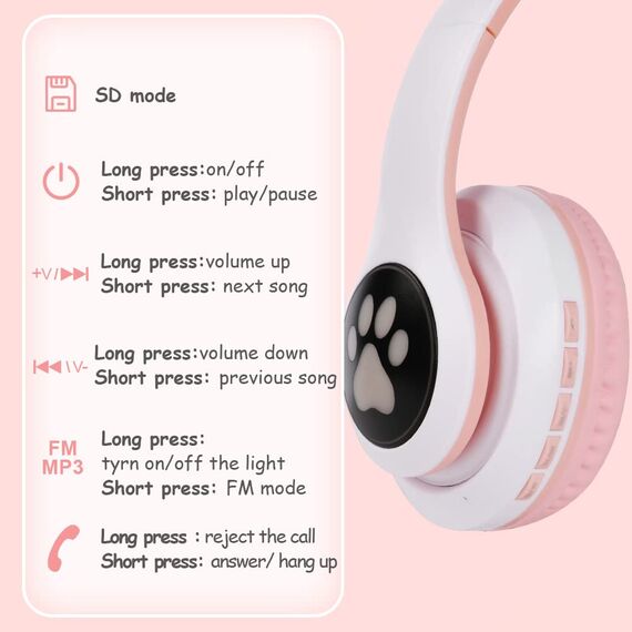 AXFEE Kopfhörer Kinder, Kinderkopfhörer Bluetooth, Mädchen Katzenohr Over-Ear mit LED-licht Faltbare Stereo Kabellose, Mikrofon,Micro SD/TF für Handy/Tablet/PC