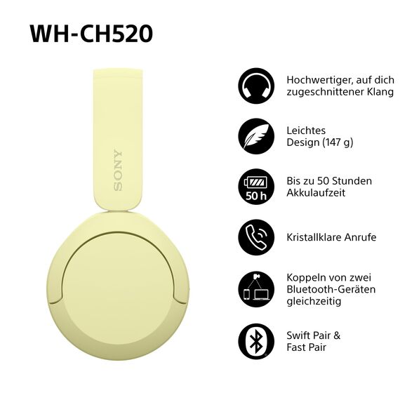 Sony WH-CH520 Kabelloser Bluetooth On-Ear-Kopfhörer, hohe Klangqualität, leichtes Design, bis zu 50 Stunden Akkulaufzeit, Schnellladung, EQ, klare Gesprächsqualität, iOS und Android - Gelb