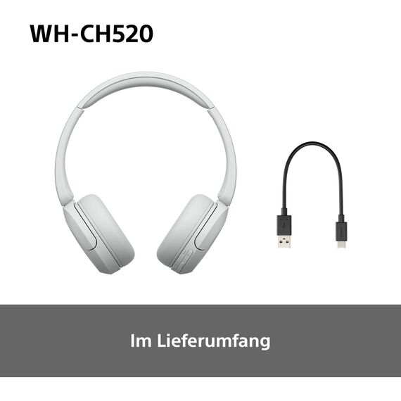 Sony WH-CH520 Kabellose Bluetooth-Kopfhörer - bis zu 50 Stunden Akkulaufzeit mit Schnellladefunktion, On-Ear-Modell - Weiß