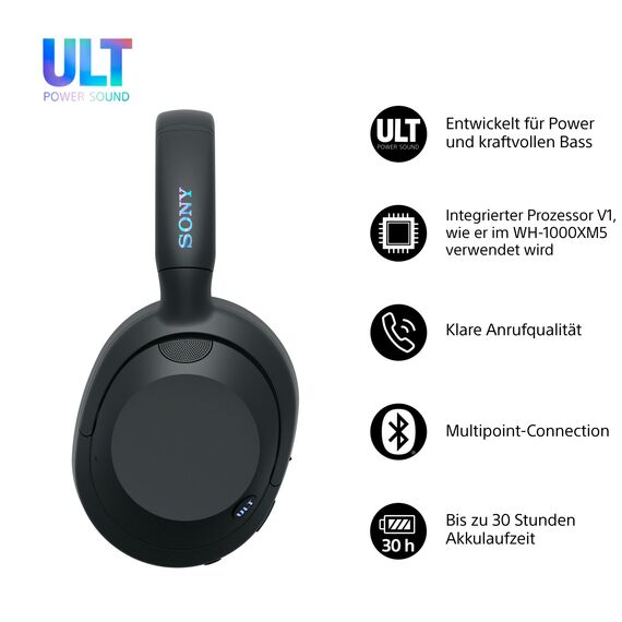 Sony ULT WEAR - Kabellose Kopfhörer mit Noise Cancelling, ULT Power Sound, ultimativer Deep Bass, selbem Prozessor wie WH-1000XM5, klare Anrufe, 30 Stunden Akkulaufzeit, iOS und Android - Schwarz