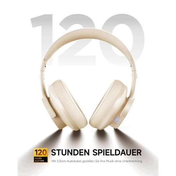 Picun B8 Bluetooth Kopfhörer, 120 Std. Spielzeit Kabelloser Bluetooth Kopfhörer mit 3 EQ-Modi, Geringe Latenz, Freisprechfunktion, Over-Ear-Kopfhörer für Reisen, Home Office, Handy, PC Khaki Weiß