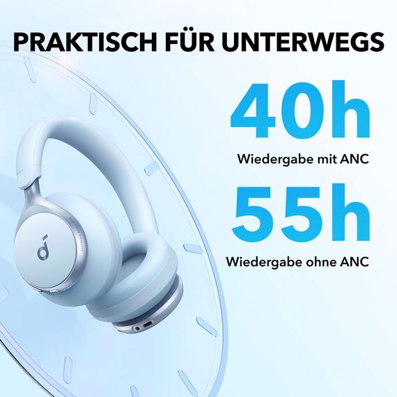 soundcore by Anker, Space One Kabellose Over-Ear Bluetooth Kopfhörer, Aktives Noise Cancelling, 2X stärkere Stimmunterdrückung, 40h Wiedergabe, App, Hi-Res Audio, Bluetooth 5.3 (Himmelblau)