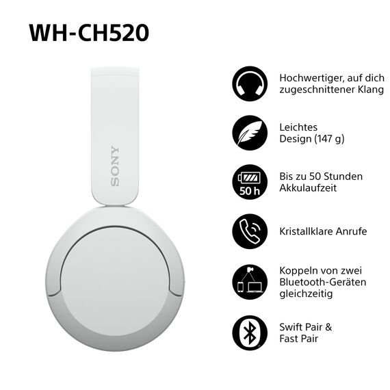 Sony WH-CH520 Kabellose Bluetooth-Kopfhörer - bis zu 50 Stunden Akkulaufzeit mit Schnellladefunktion, On-Ear-Modell - Weiß