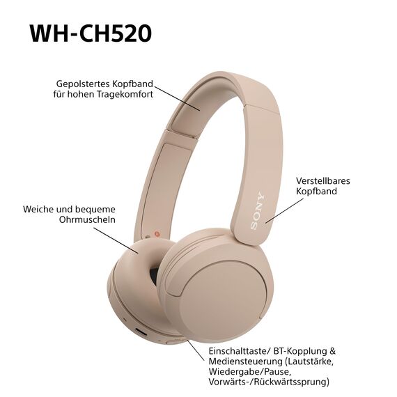 Sony WH-CH520 Kabelloser Bluetooth On-Ear-Kopfhörer, hohe Klangqualität, leichtes Design, bis zu 50 Stunden Akkulaufzeit, Schnellladung, EQ, klare Gesprächsqualität, iOS & Android - Beige