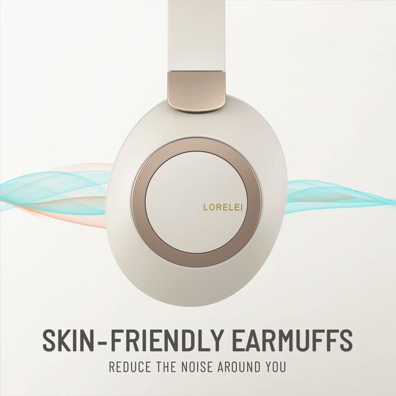LORELEI B-C6 Kabellose Over-Ear-Kopfhörer, 50H Playtime Faltbare, leichte Bluetooth-Headsets, Tiefe Bässe, eingebautes Mikrofon, Ohrenschützer aus Memory-Schaumstoff, für Reisen(Beige weiß)