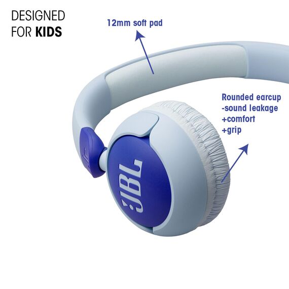 JBL Junior 320, On-Ear-Kopfhörer mit Kabel und eingebautem Mikrofon für Kinder, JBL Safe Sound, niedriger Lautstärke, 12 mm Soft Pad und Sticker-Set, tragbares Design, Blau