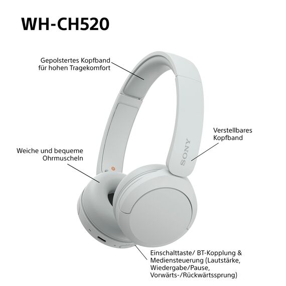 Sony WH-CH520 Kabellose Bluetooth-Kopfhörer - bis zu 50 Stunden Akkulaufzeit mit Schnellladefunktion, On-Ear-Modell - Weiß
