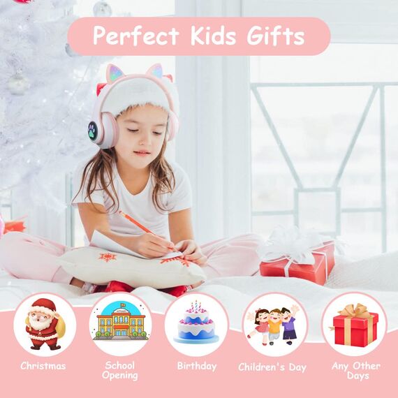 AXFEE Kopfhörer Kinder, Kinderkopfhörer Bluetooth, Mädchen Katzenohr Over-Ear mit LED-licht Faltbare Stereo Kabellose, Mikrofon,Micro SD/TF für Handy/Tablet/PC