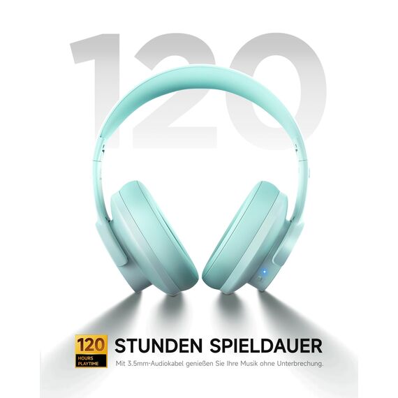 Picun B8 Bluetooth Over Ear Kopfhörer, 120H Spielzeit mit 3 EQ Modi, Niedrige Latenz, Freisprecheinrichtung, Tiefer Bass für Reisen, Zuhause, Büro & PC (Cyan)