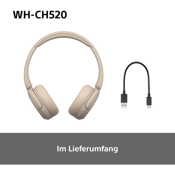 Sony WH-CH520 Kabelloser Bluetooth On-Ear-Kopfhörer, hohe Klangqualität, leichtes Design, bis zu 50 Stunden Akkulaufzeit, Schnellladung, EQ, klare Gesprächsqualität, iOS & Android - Beige