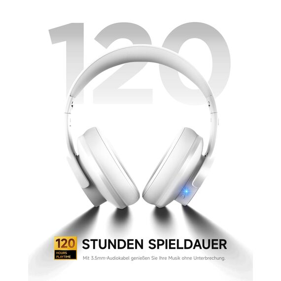 Picun B8 Bluetooth-Kopfhörer, 120 Stunden Kopfhörer, kabellos, Bluetooth, Freisprechanrufe, 3EQ & Spielmodus, faltbare Kopfhörer über Ohr für Reisen, Zuhause, Büro, Handy, PC, Weiß