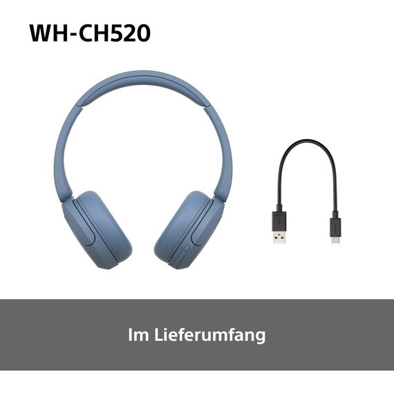 Sony WH-CH520 Kabelloser Bluetooth On Ear Kopfhörer, hohe Klangqualität, leichtes Design, bis zu 50 Stunden Akkulaufzeit, Schnellladung, EQ, klare Gesprächsqualität, iOS und Android, Blau