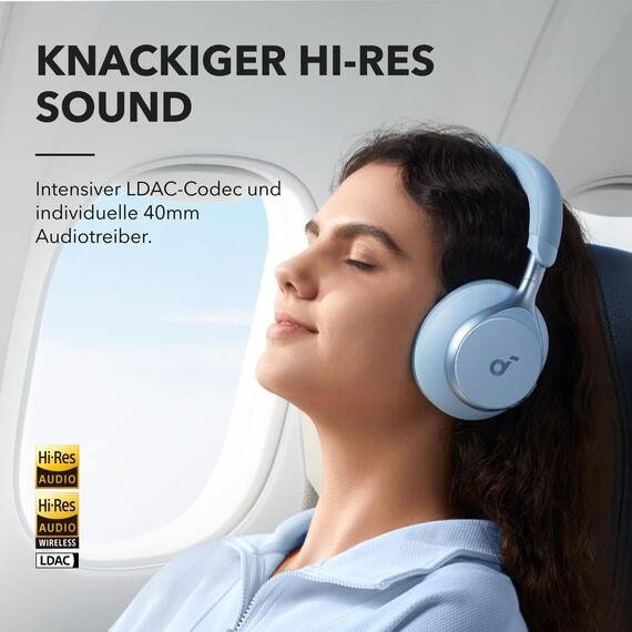 soundcore by Anker, Space One Kabellose Over-Ear Bluetooth Kopfhörer, Aktives Noise Cancelling, 2X stärkere Stimmunterdrückung, 40h Wiedergabe, App, Hi-Res Audio, Bluetooth 5.3 (Himmelblau)