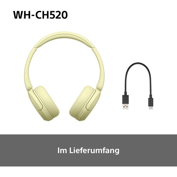 Sony WH-CH520 Kabelloser Bluetooth On-Ear-Kopfhörer, hohe Klangqualität, leichtes Design, bis zu 50 Stunden Akkulaufzeit, Schnellladung, EQ, klare Gesprächsqualität, iOS und Android - Gelb