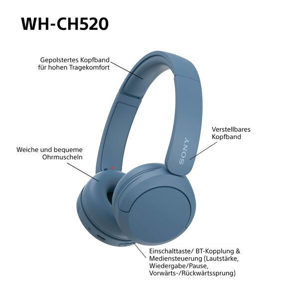 Sony WH-CH520 Kabelloser Bluetooth On Ear Kopfhörer, hohe Klangqualität, leichtes Design, bis zu 50 Stunden Akkulaufzeit, Schnellladung, EQ, klare Gesprächsqualität, iOS und Android, Blau