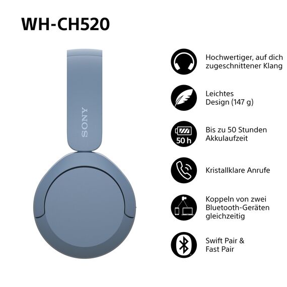 Sony WH-CH520 Kabelloser Bluetooth On Ear Kopfhörer, hohe Klangqualität, leichtes Design, bis zu 50 Stunden Akkulaufzeit, Schnellladung, EQ, klare Gesprächsqualität, iOS und Android, Blau